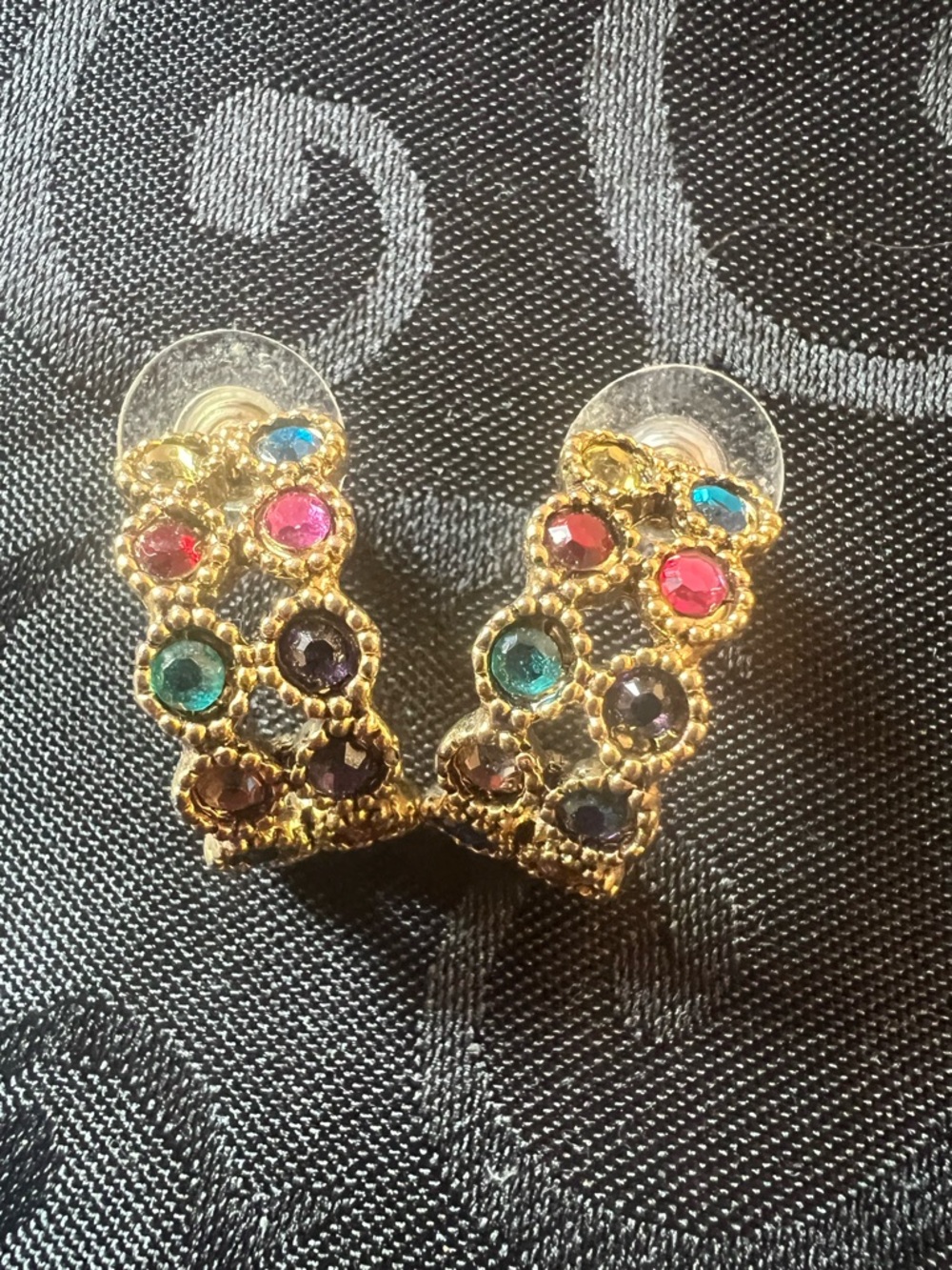 Vintage Goldtone Multicolor Crystal Cluster Hoop Earrings - Women Jewelry